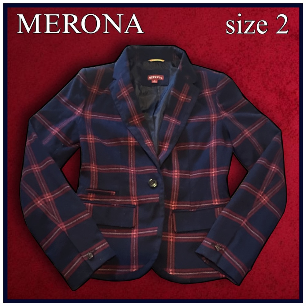 MERONA navy and red plaid fitted BLAZOR size 2